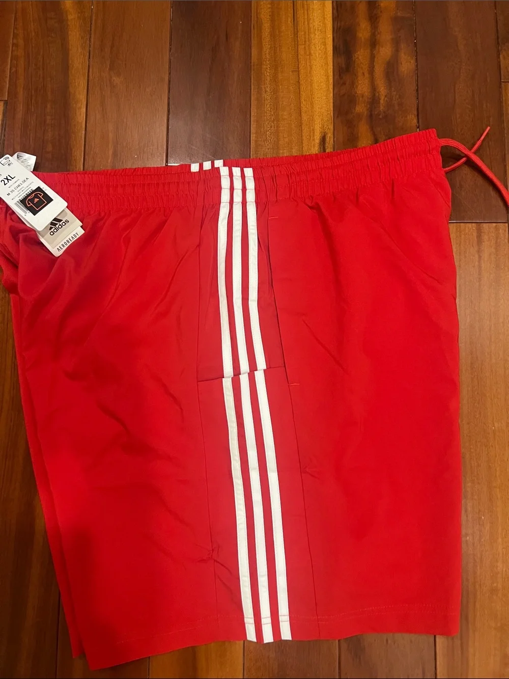 Adidas Red Men’s Chelsea Athletic Shorts with White Stripe Accents